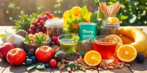 Colorful fruits and herbs for natural energy boosting.