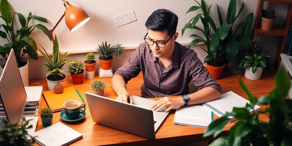 Person concentrating at a desk with plants and coffee.