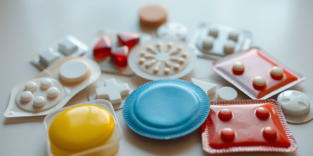 Assorted pain relief patches on a clean surface.