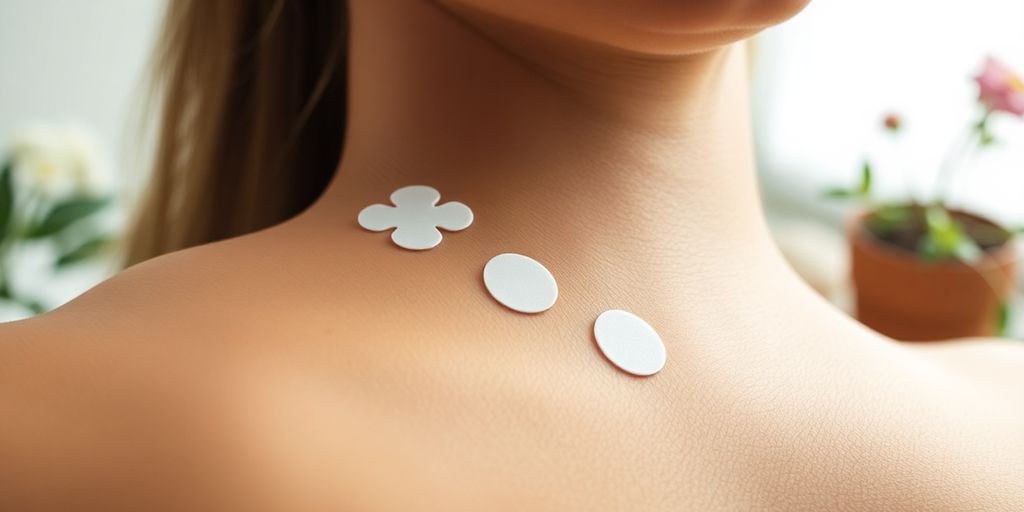Stress relief patches on skin with soothing background.