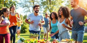 Group of people enjoying healthy activities outdoors.