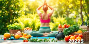 Person practicing yoga surrounded by fresh fruits and greenery.