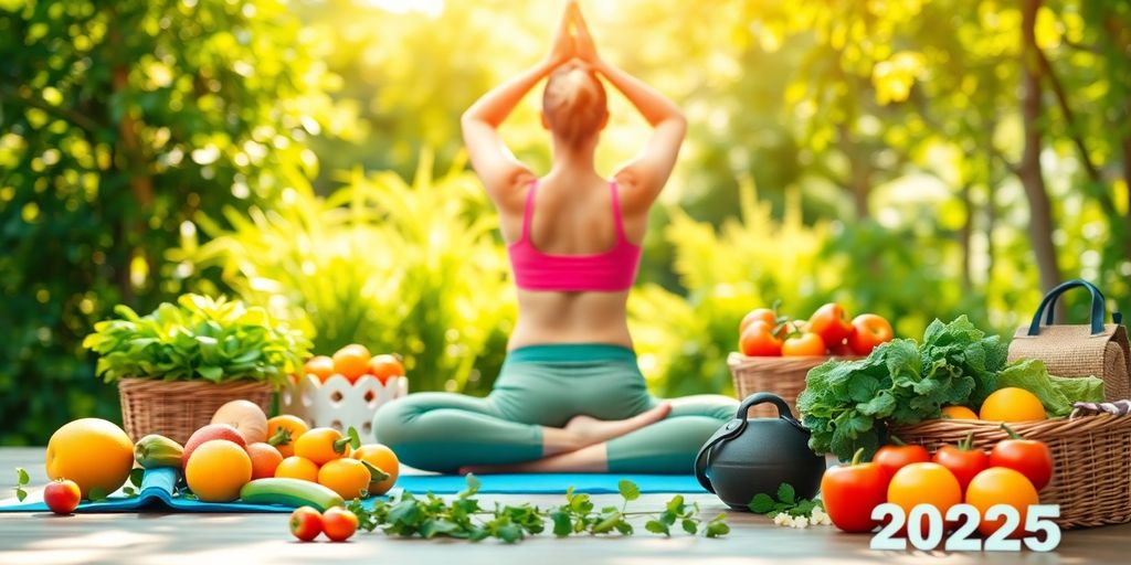 Person practicing yoga surrounded by fresh fruits and greenery.