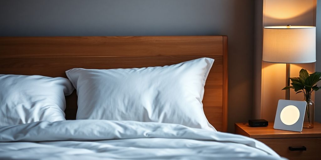 Cozy bedroom with sleep improvement patch on bedside table.